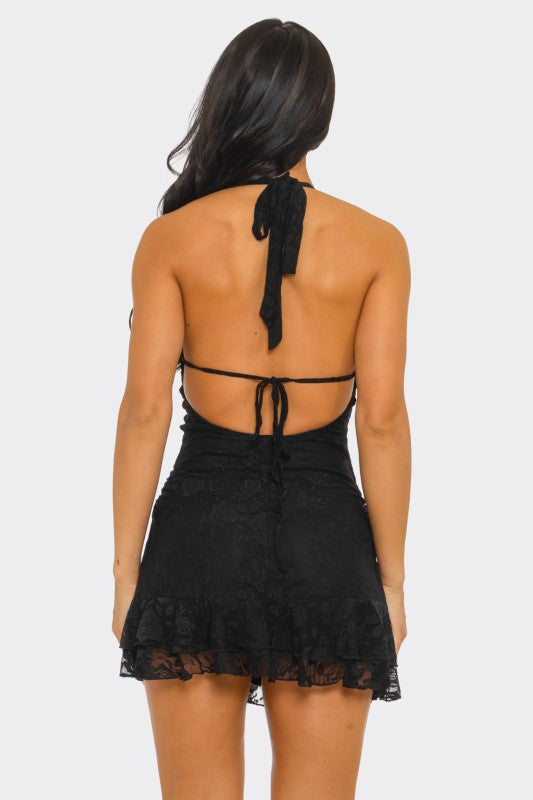 Halter open back lace dress
