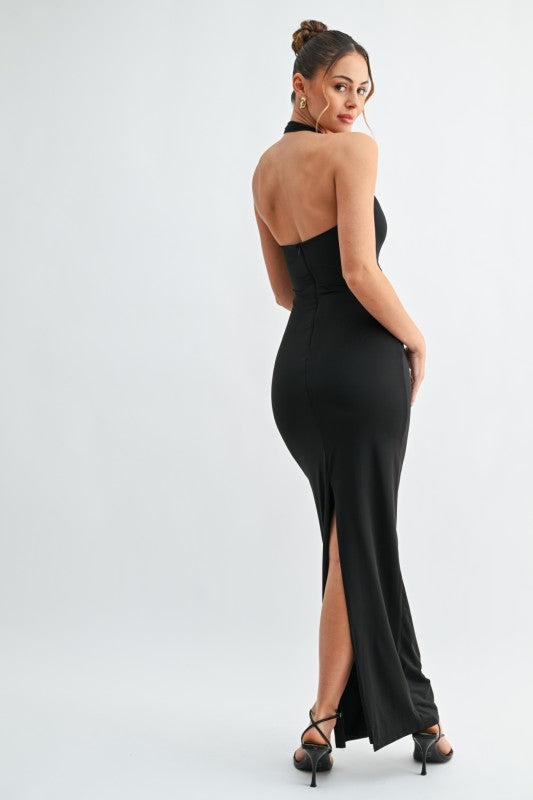 Black ring detail halter dress