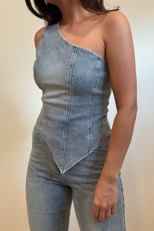 One shoulder denim straight leg jean set