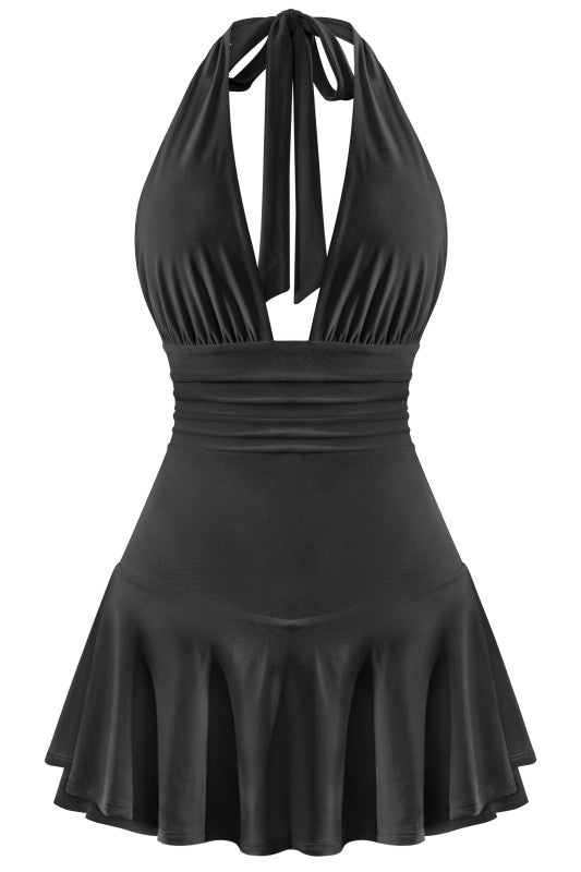 Black halter mini dress with shorts