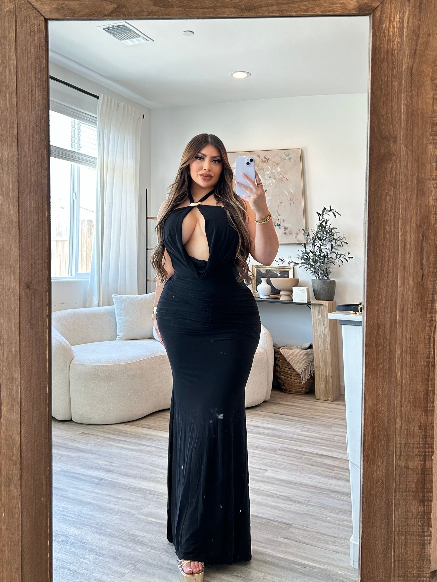 Black halter long cut out dress