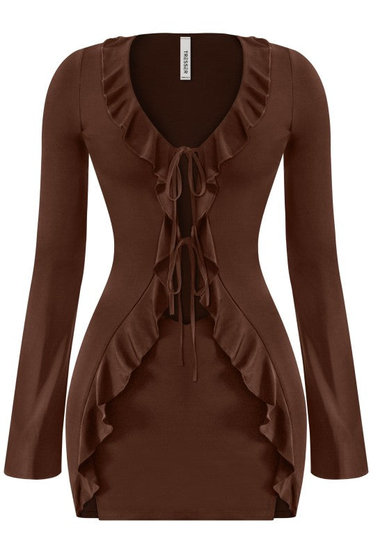 Brown ruffled front tie dress