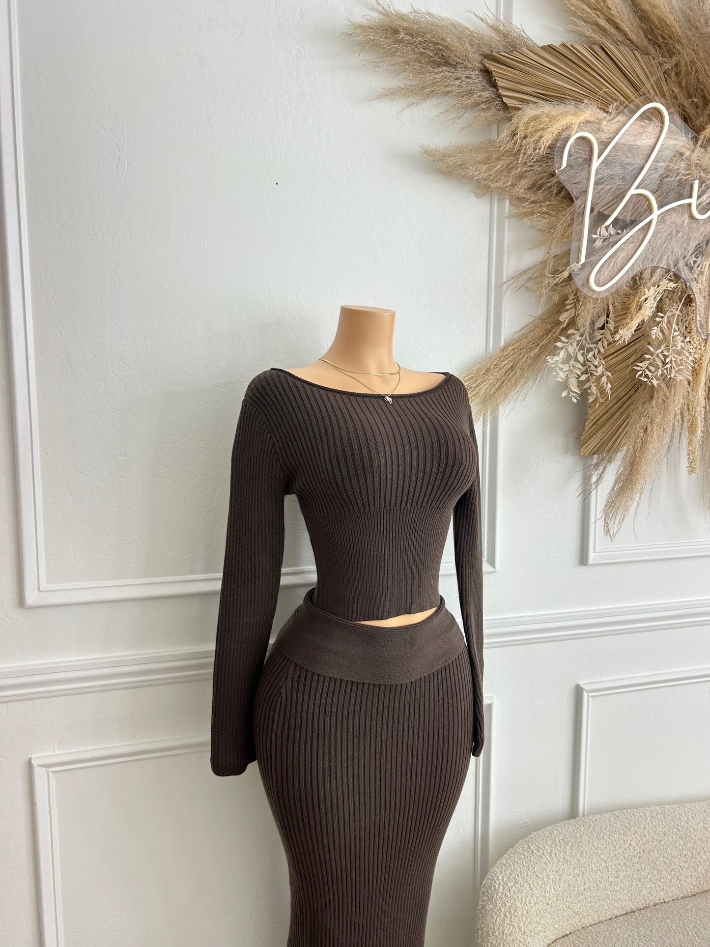 Brown ribbed two pc maxi skirt set