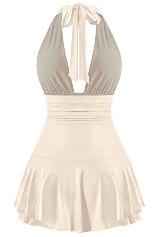 Sleeveless open back halter dress with shorts
