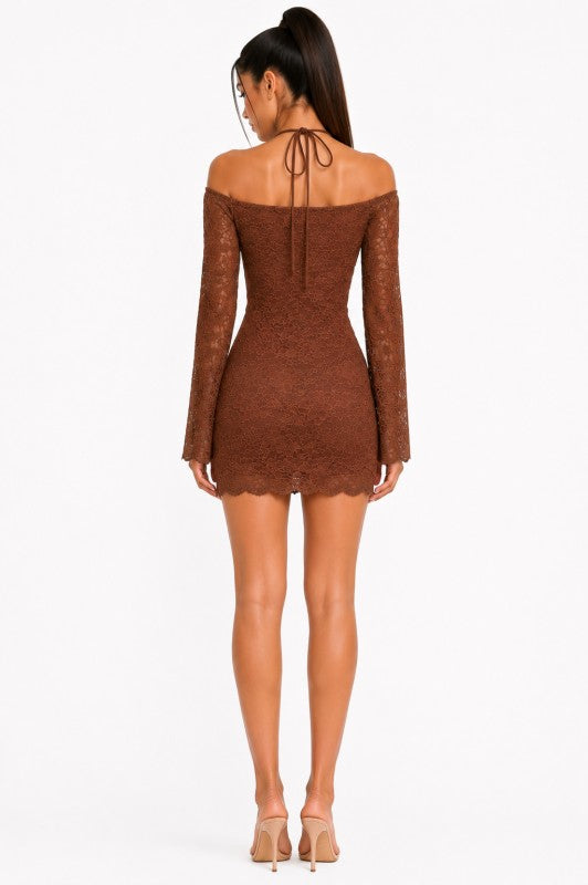 Brown halter lace mini dress
