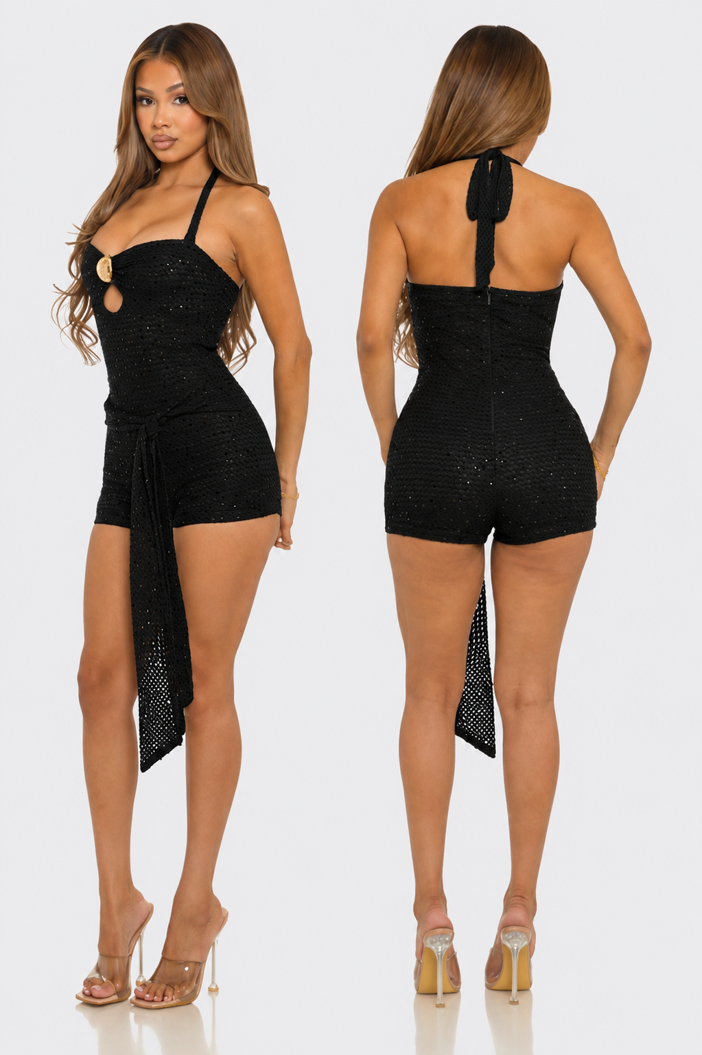 Black halter sequence romper