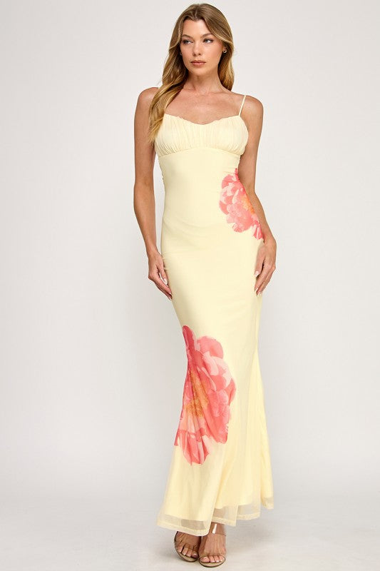 Mesh Yellow With Flower Maxi Dress