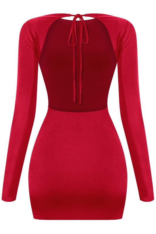Long sleeve drape trim red dress