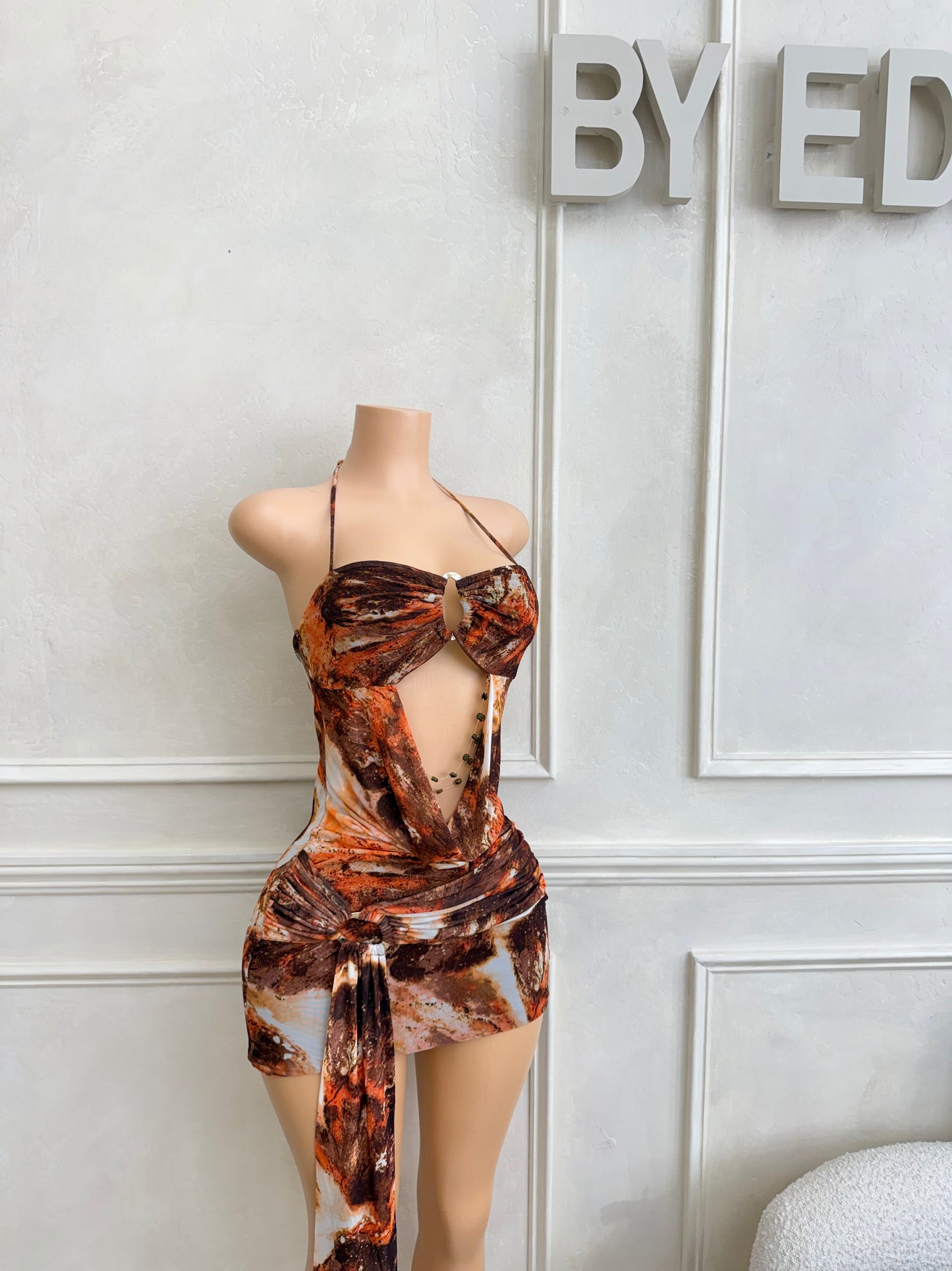 Mesh printed halter cutout dress