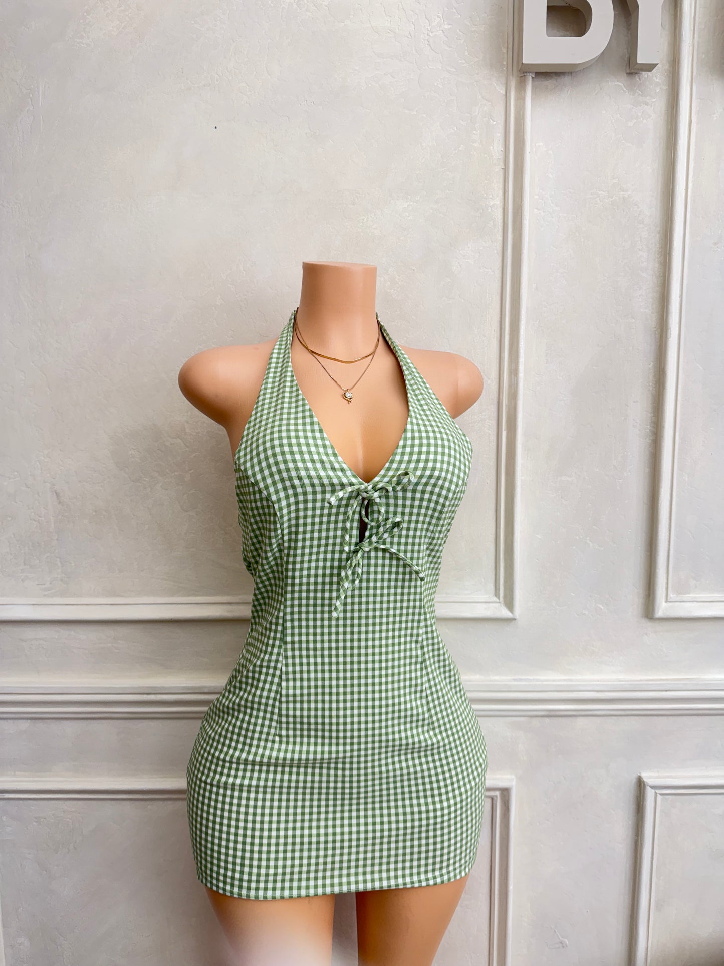 Sage gingham halter dress