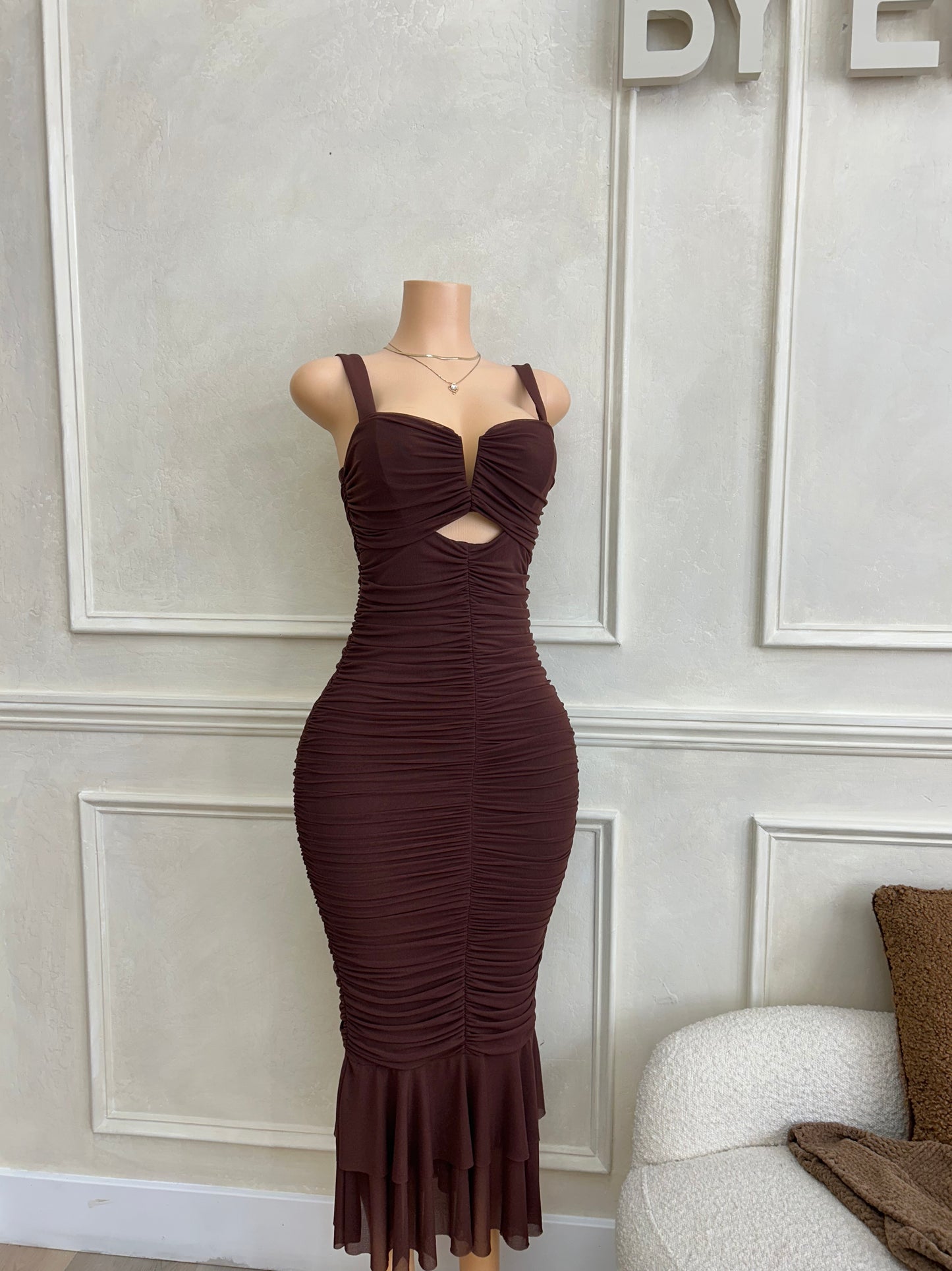 Brown mesh mermaid maxi dress