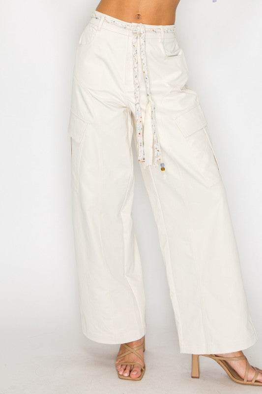 Cream wide leg cargo pants