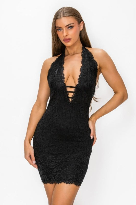 Black halter lace dress