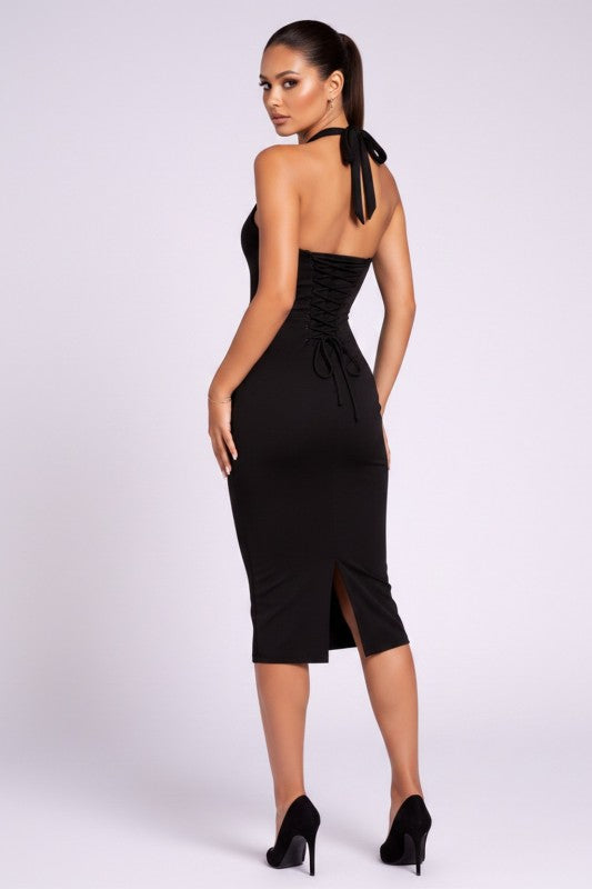 Black lace halter midi dress