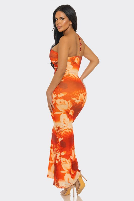 One shoulder halter cutout maxi dress