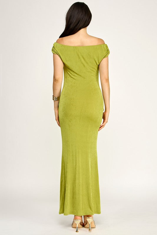 Moss green off shoulder drape trim maxi dress