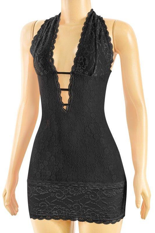 Black halter plunge lace dress