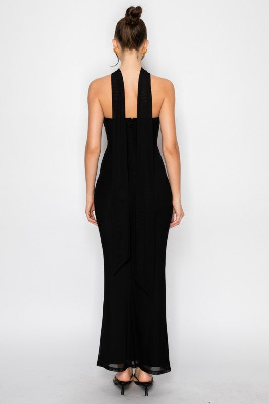 Black strapless cutout mesh maxi dress
