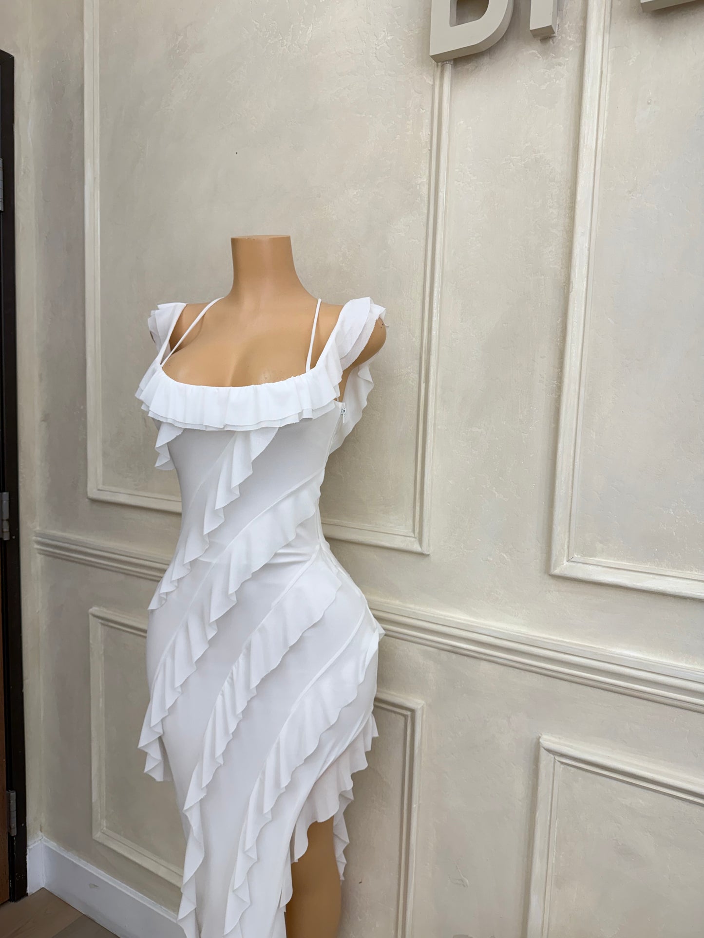 White mesh asymmetrical ruffle lace up gown