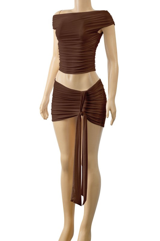Brown drape tie shirt & skirt set