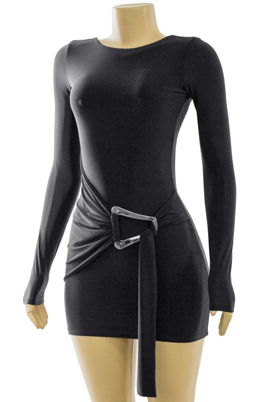 Black long sleeve trim detail dress