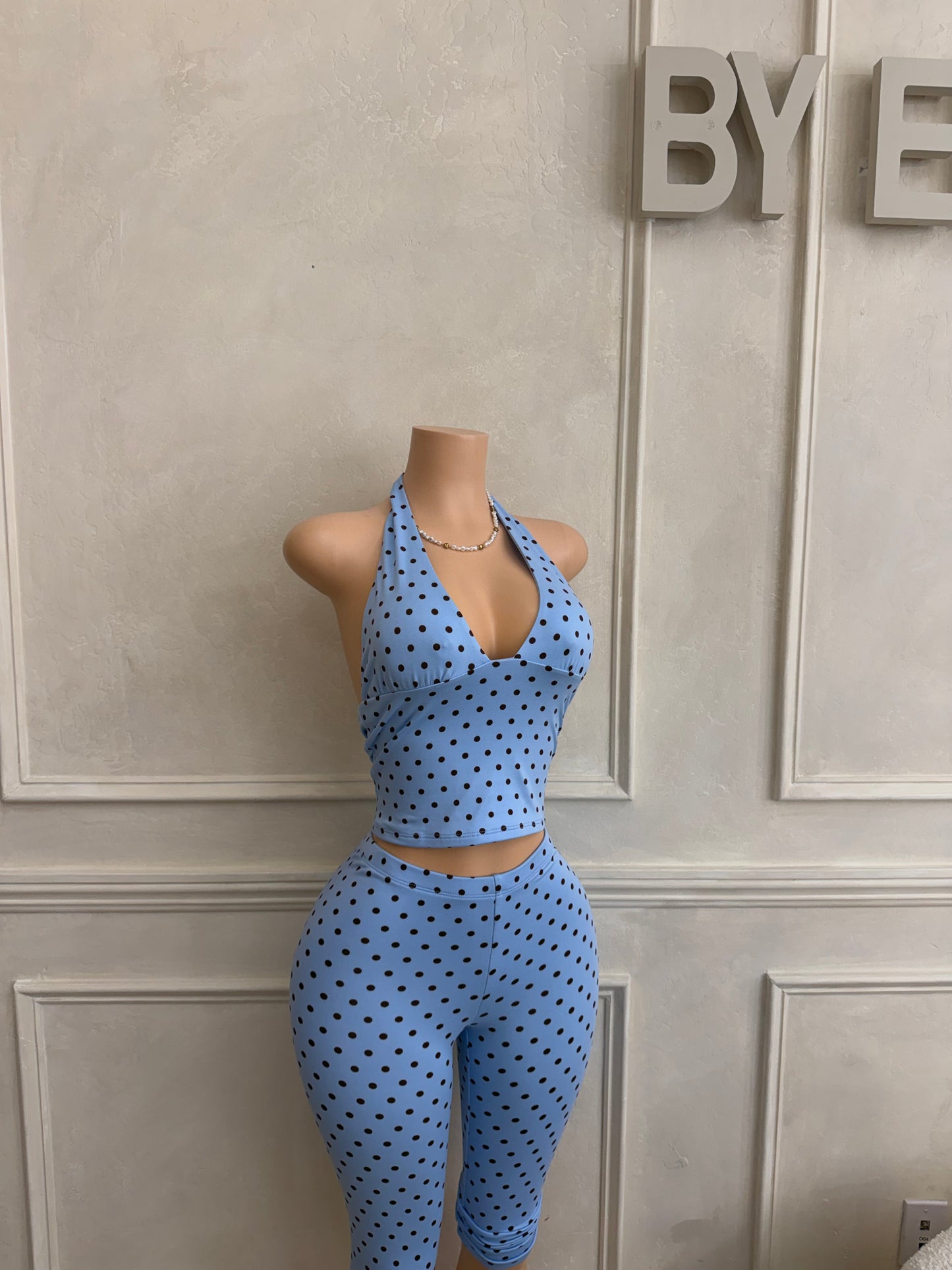 Blue polka dot capri set