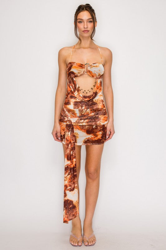 Mesh printed halter cutout dress