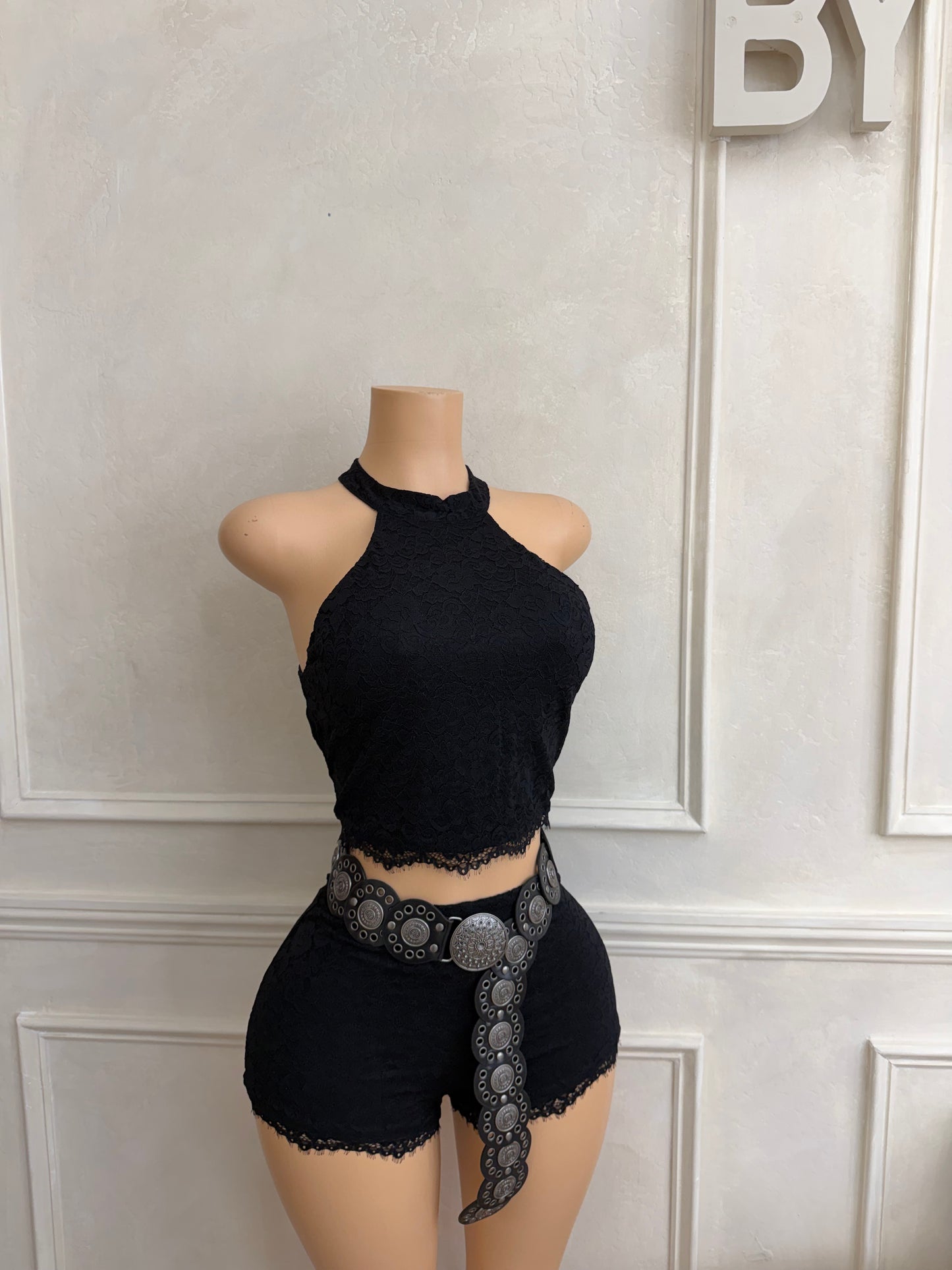 Black lace 2pc halter short set