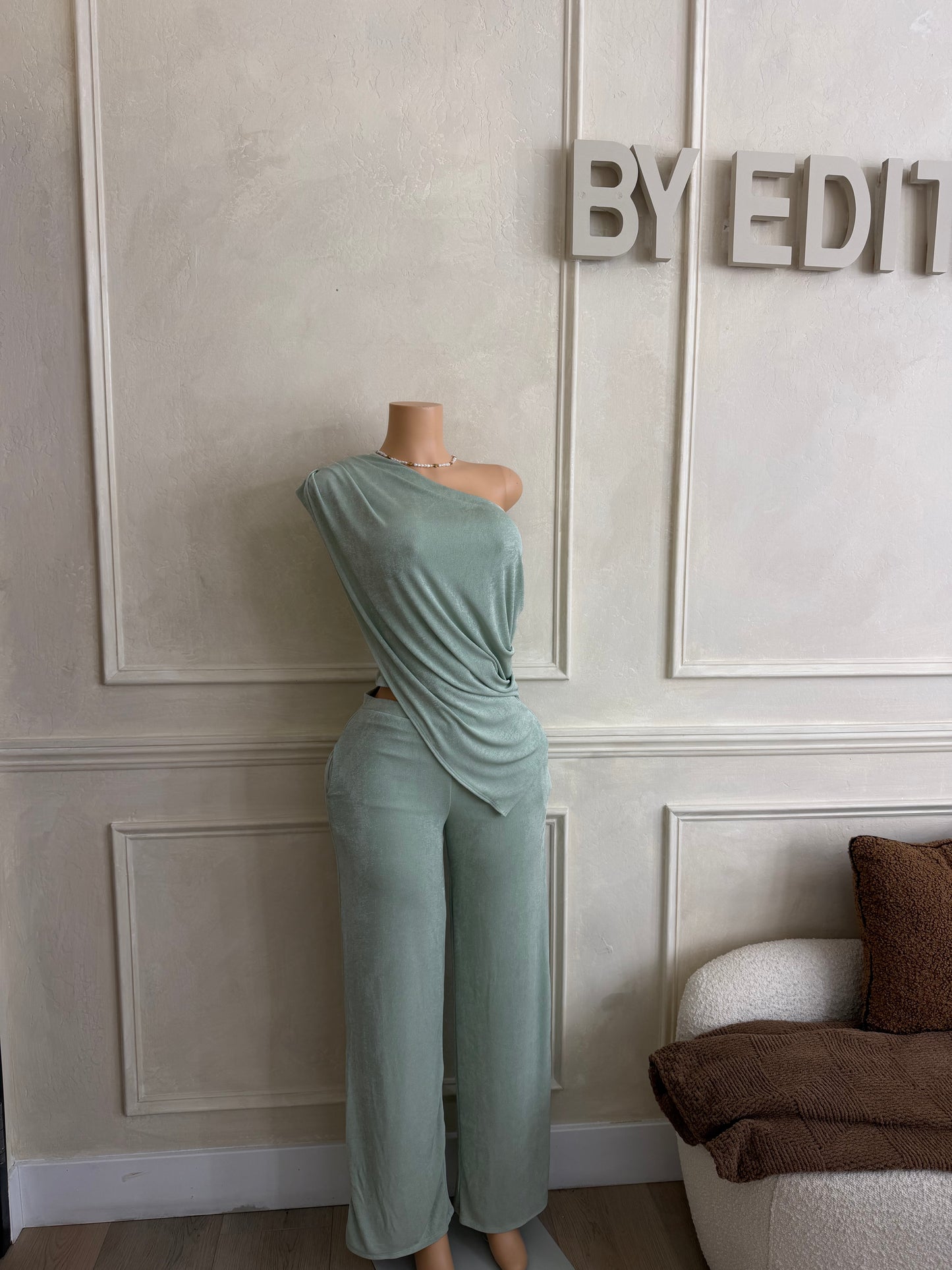 Sage one shoulder caped 2pc pant set