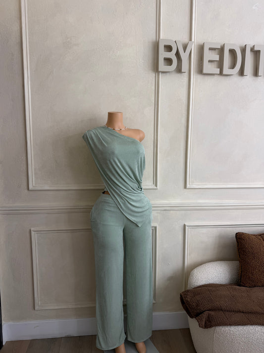 Sage one shoulder caped 2pc pant set