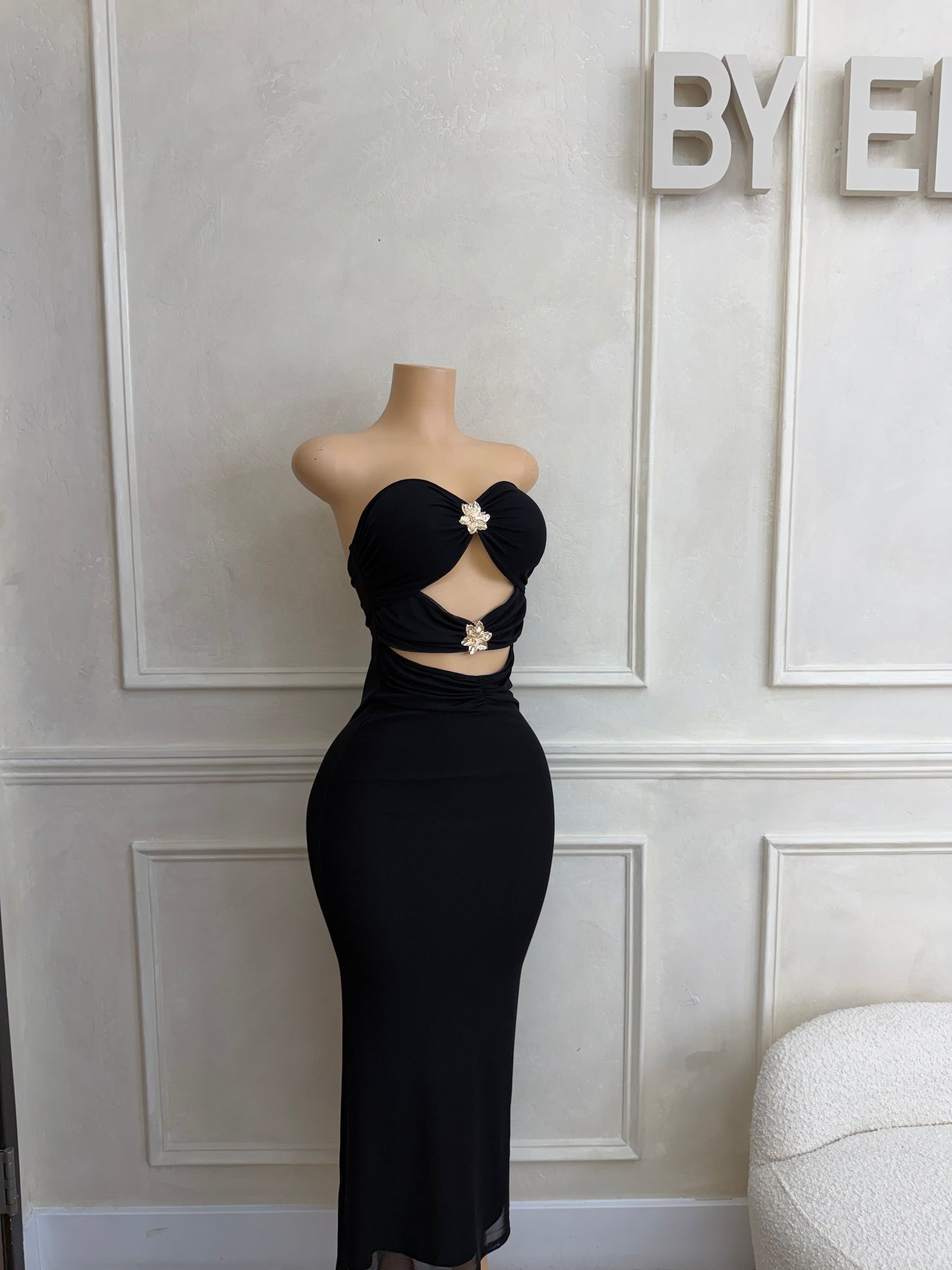 Black strapless cutout mesh maxi dress