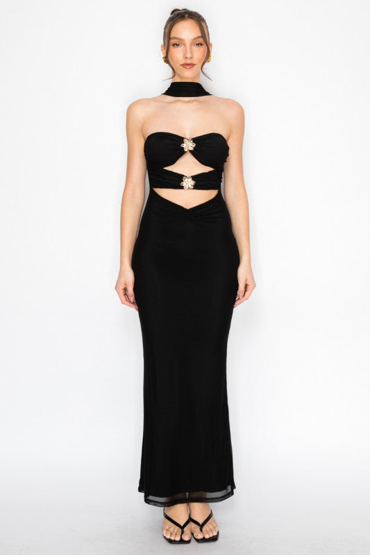 Black strapless cutout mesh maxi dress