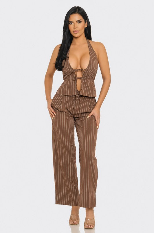 Brown striped pant set