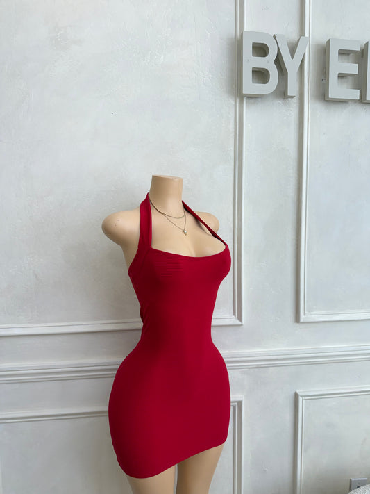 Red halter snatching dress