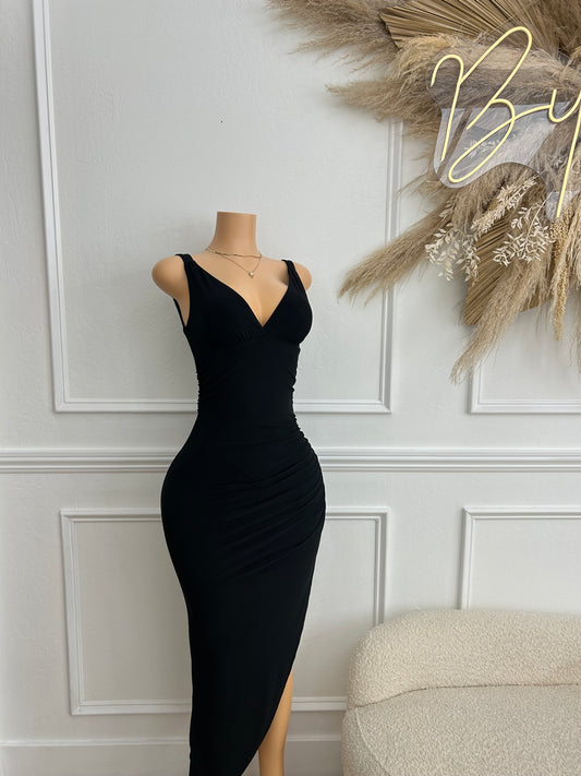 Black sleeveless asymmetrical maxi dress