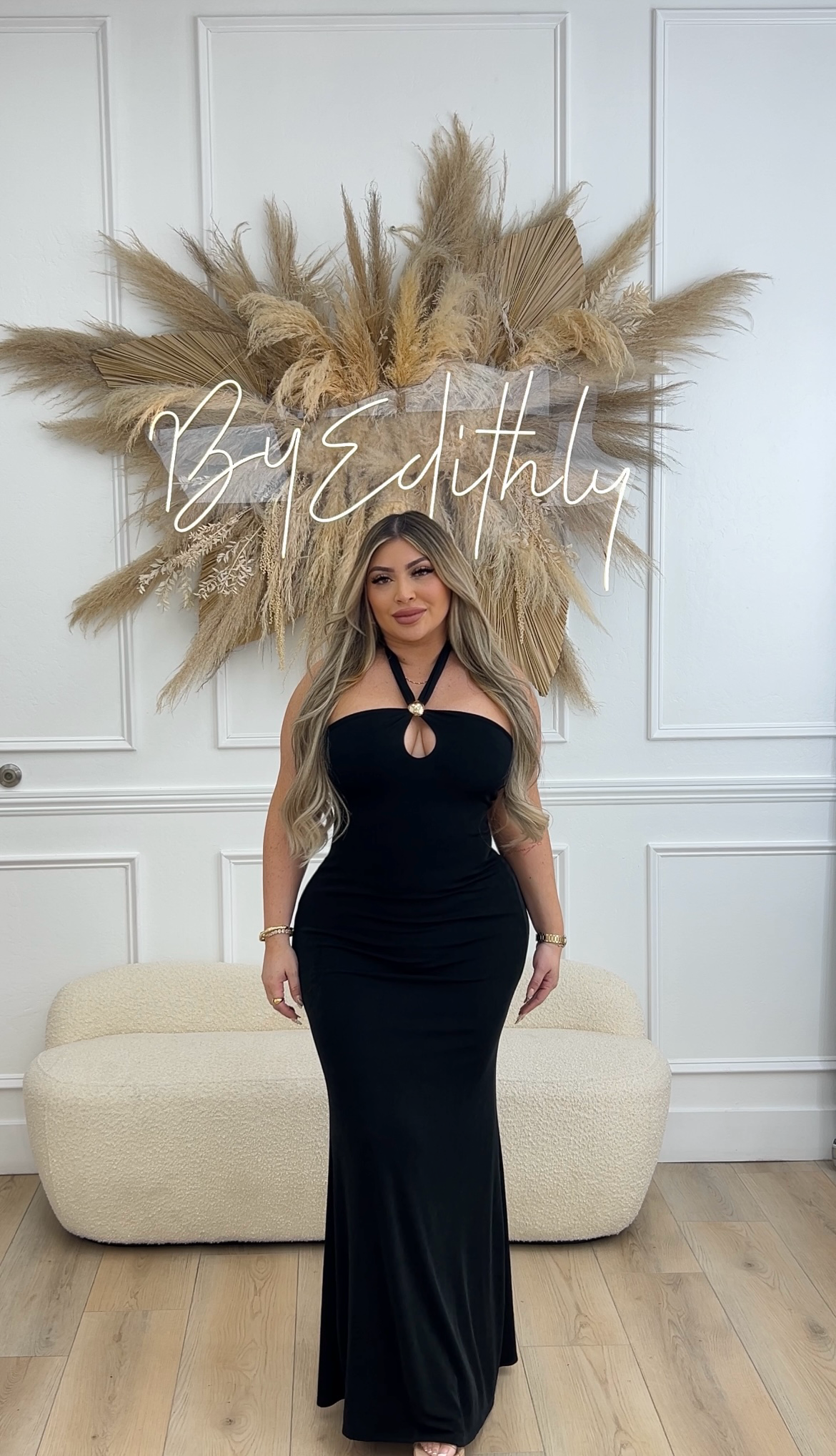 Black halter maxi dress with gold trim