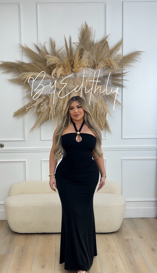 Black halter maxi dress with gold trim