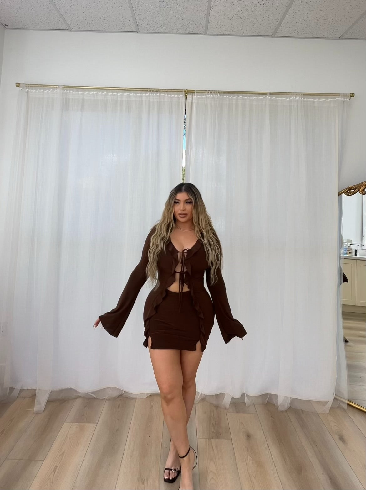 Brown ruffled front tie dress