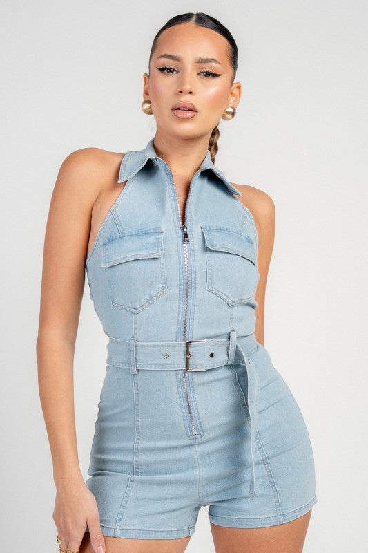 Stretch denim halter neck belt romper light wash