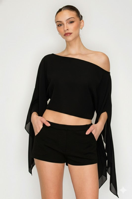 Black sheer drape crop top