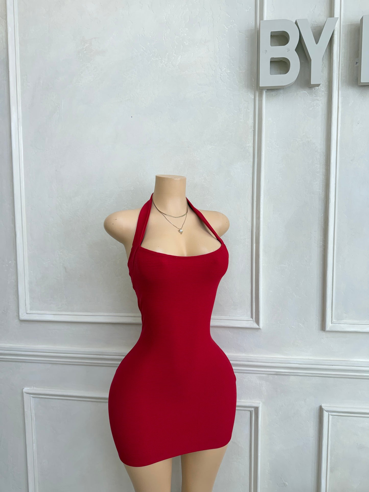 Red halter snatching dress
