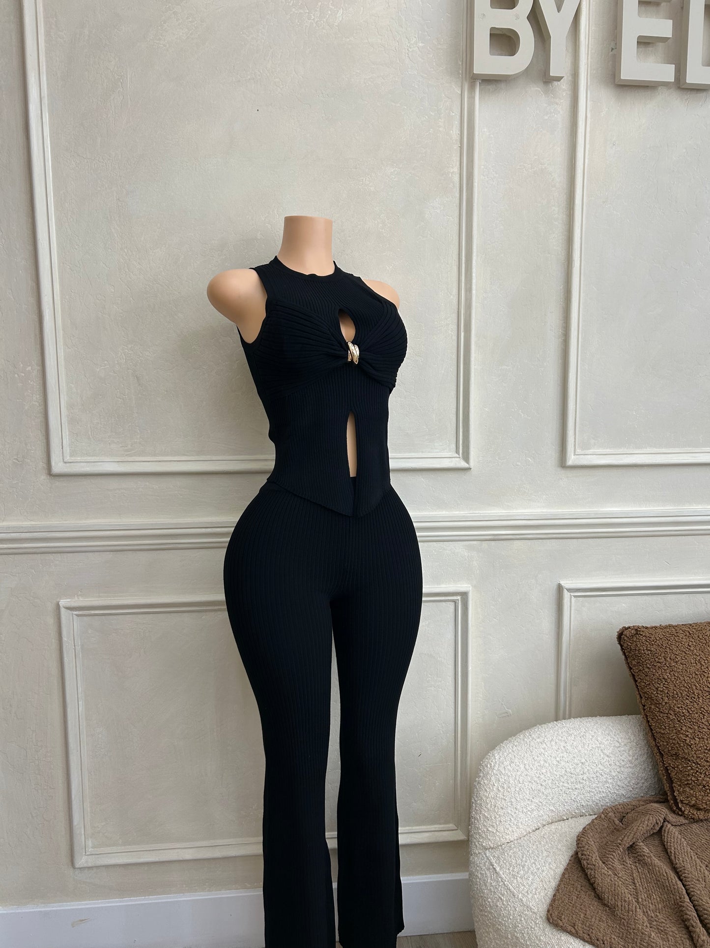 Black knit top and pant set