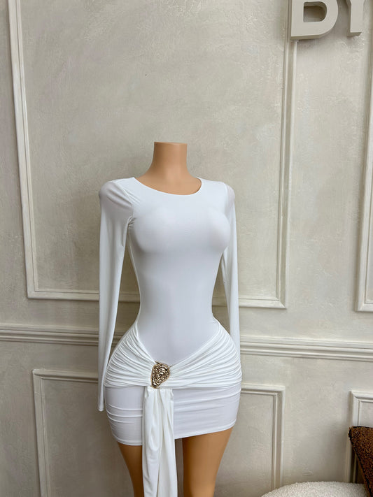 White drape gold detail dress