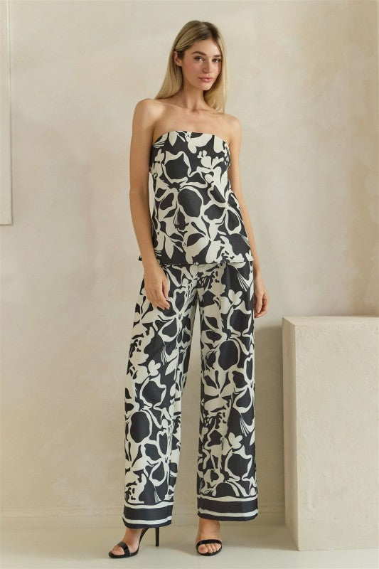 Printed woven strapless top and wide leg pant set (stretchy)