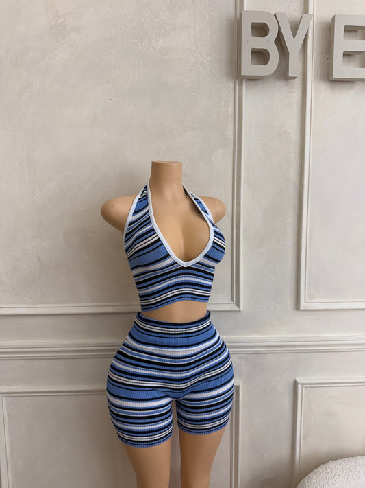 Blue strip halter shorts set