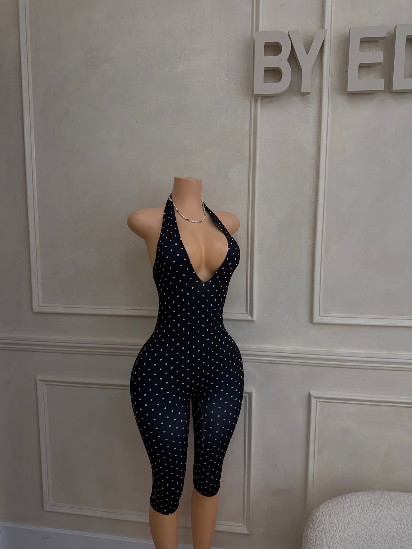 Black white polka dot capri jumpsuit