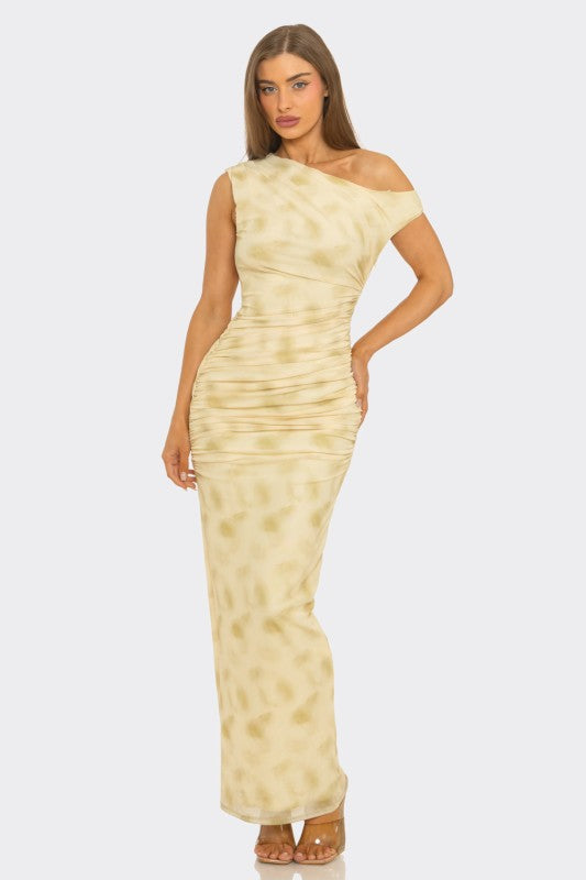 Floral print ruched mesh maxi dress