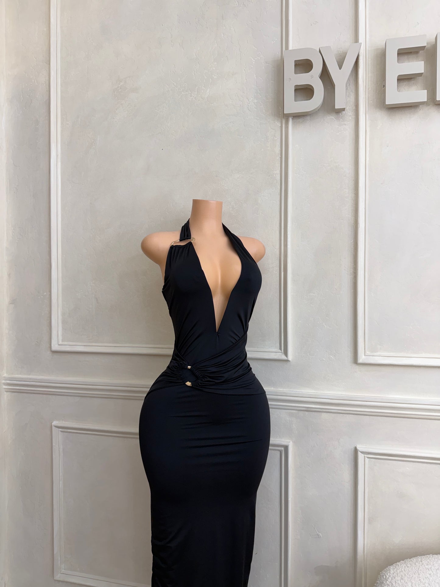 Black ring detail halter dress