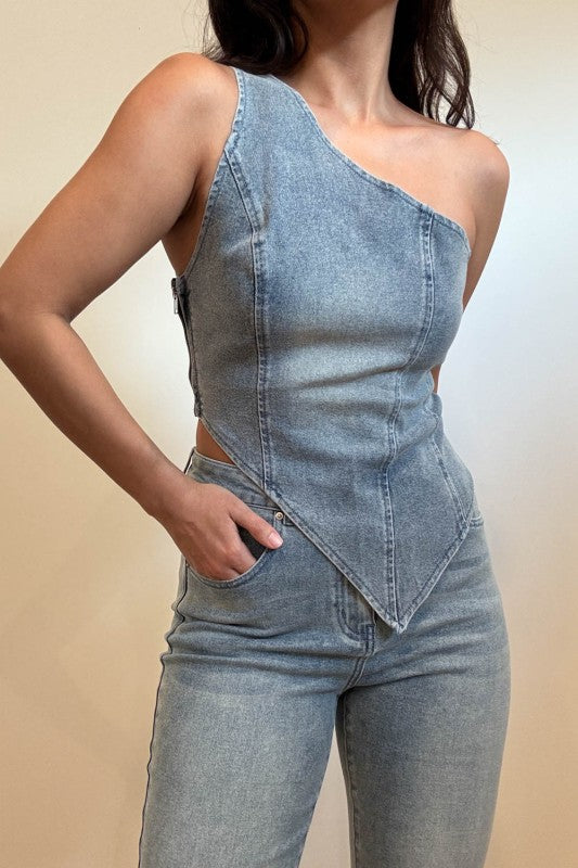 One shoulder denim straight leg jean set