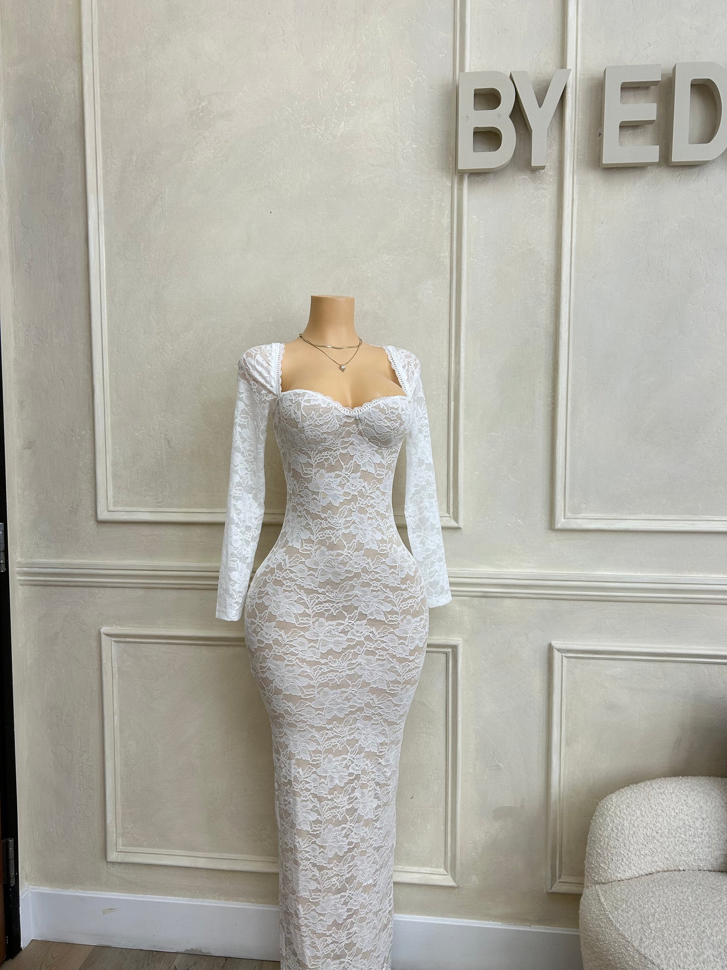 White nude lace maxi dress
